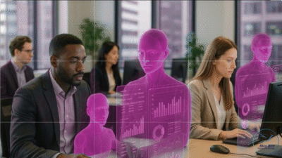 AI and Automation in Digital Marketing Marketers collaborating with AI assistants in modern office