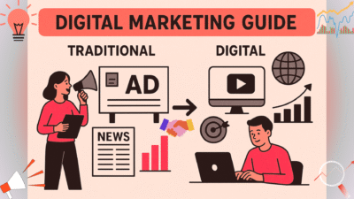 Digital Marketing Complete Guide showing marketing evolution from traditional to digital.
